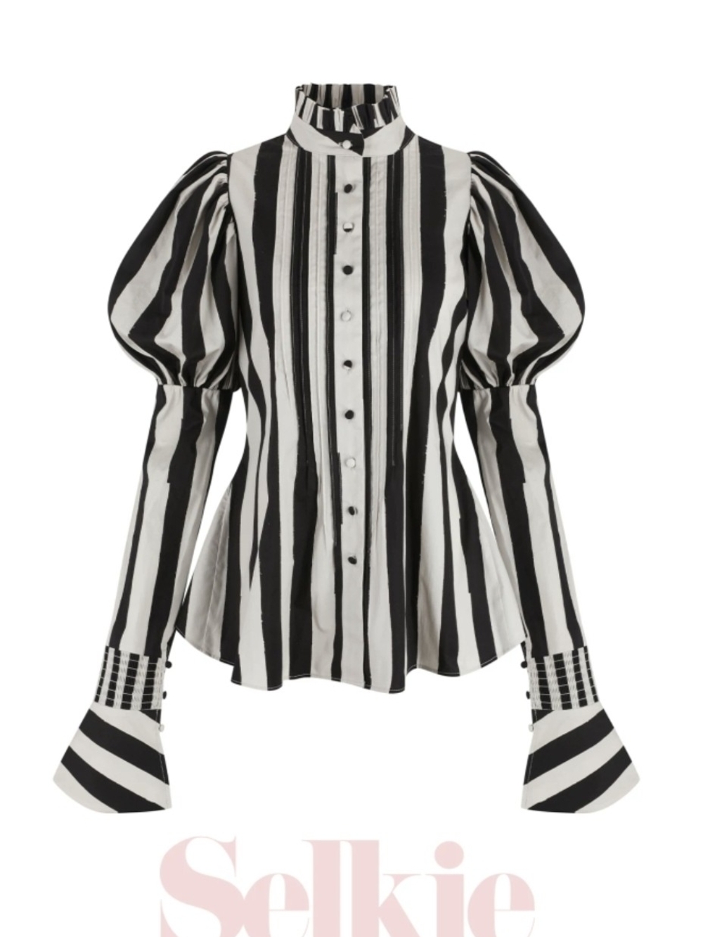 Selkie Black and White Striped Puff Sleeve Button Down Shirt